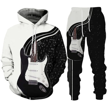 Noutatea Muzica Rock Chitara 3D Print Hoodie/Costum Barbati Trening Casual Pulover Hanorac+Pantaloni Set Hip Hop Streetwear Îmbrăcăminte